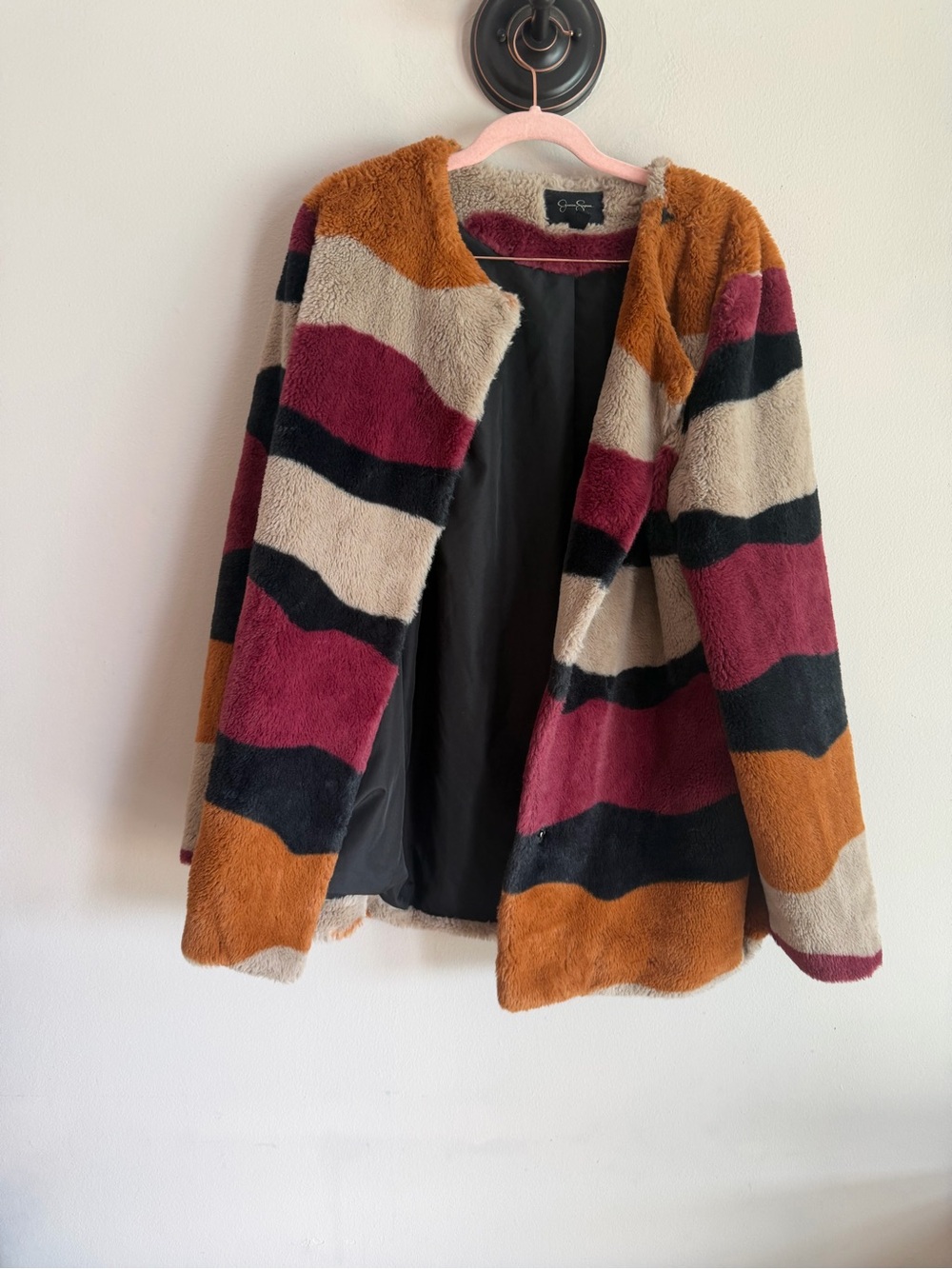 Jessica Simpson Faux Fur Coat Wavy Stripe Multi Color Jacket Womens Large L